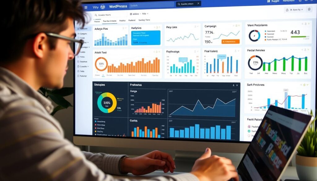 Marketer analyzing WordPress dashboard with multiple marketing tools integrated Marketer analyzing WordPress dashboard with multiple marketing tools integrated