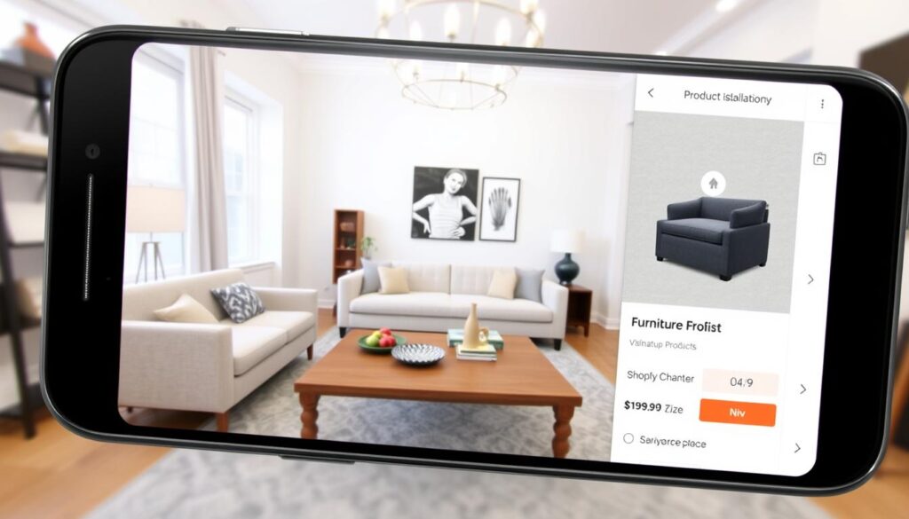 AR product visualization in a Shopify store showing furniture in a room AR product visualization in a Shopify store showing furniture in a room