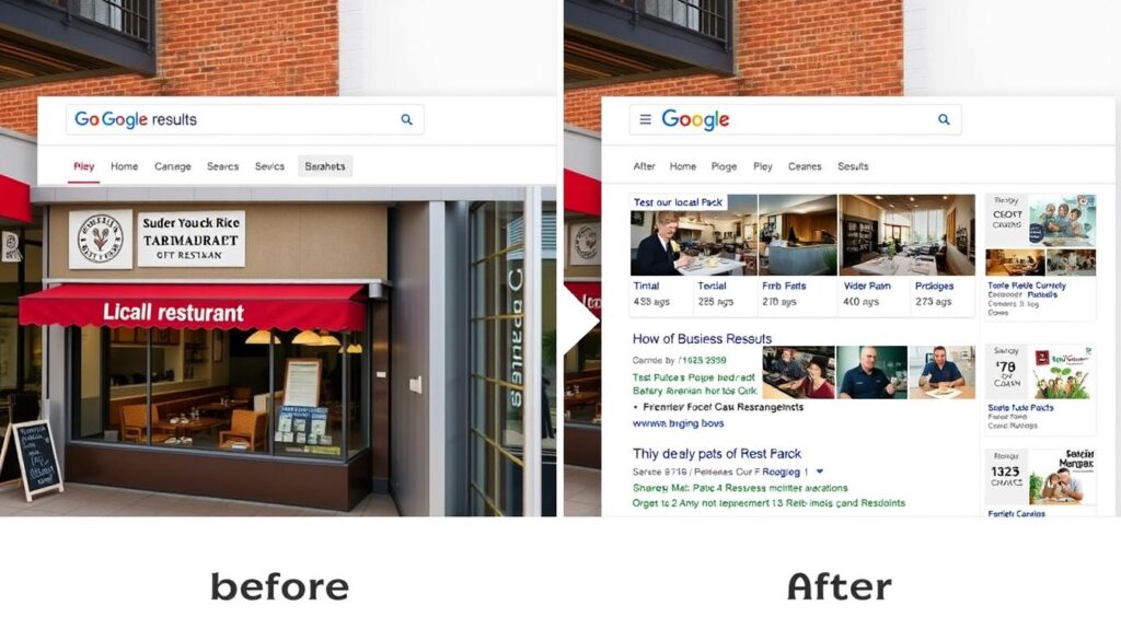Before and after screenshots of a local restaurant's Google search visibility Before and after screenshots of a local restaurant's Google search visibility