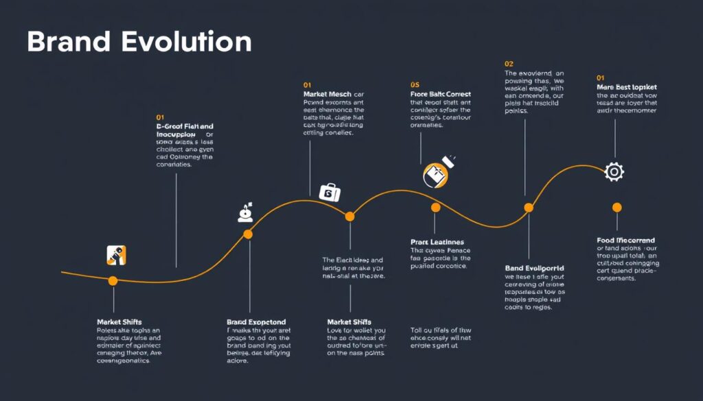 Brand evolution journey showing transformation over time with strategic milestones Brand evolution journey showing transformation over time with strategic milestones