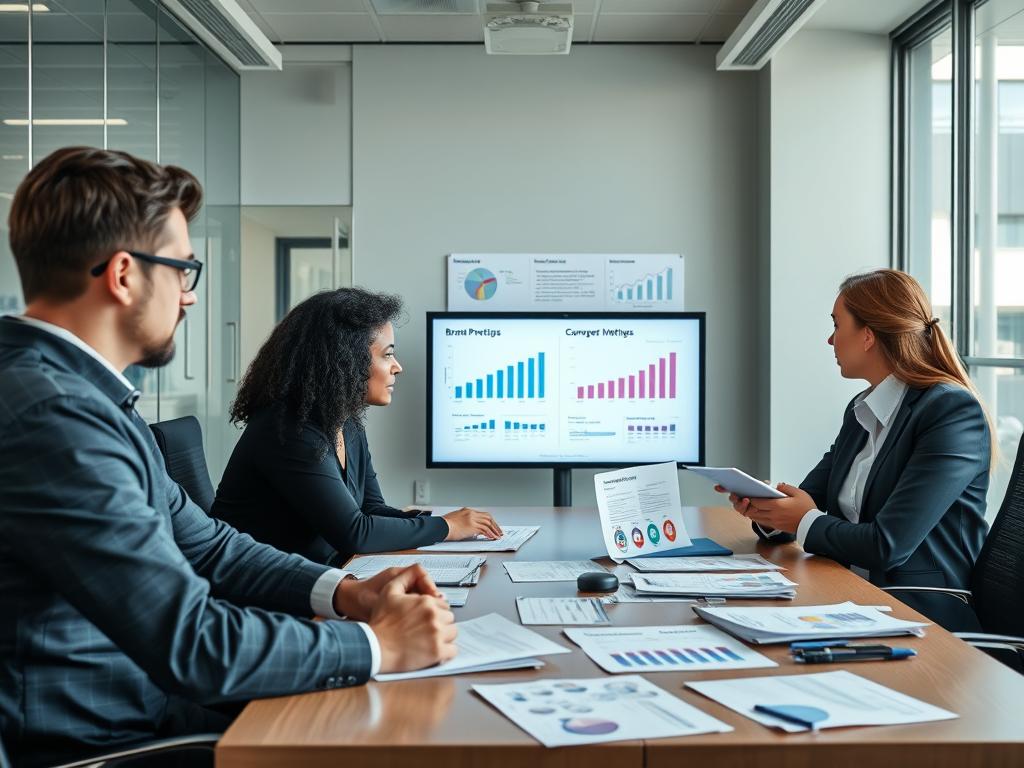 Business team analyzing brand perception data during rebranding discussion Business team analyzing brand perception data during rebranding discussion