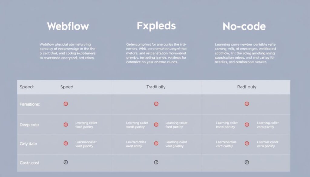 Comparison chart of Webflow, traditional coding, and no-code platforms Comparison chart of Webflow, traditional coding, and no-code platforms