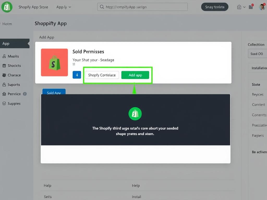 Screenshot showing the process of installing a third-party app from Shopify App Store