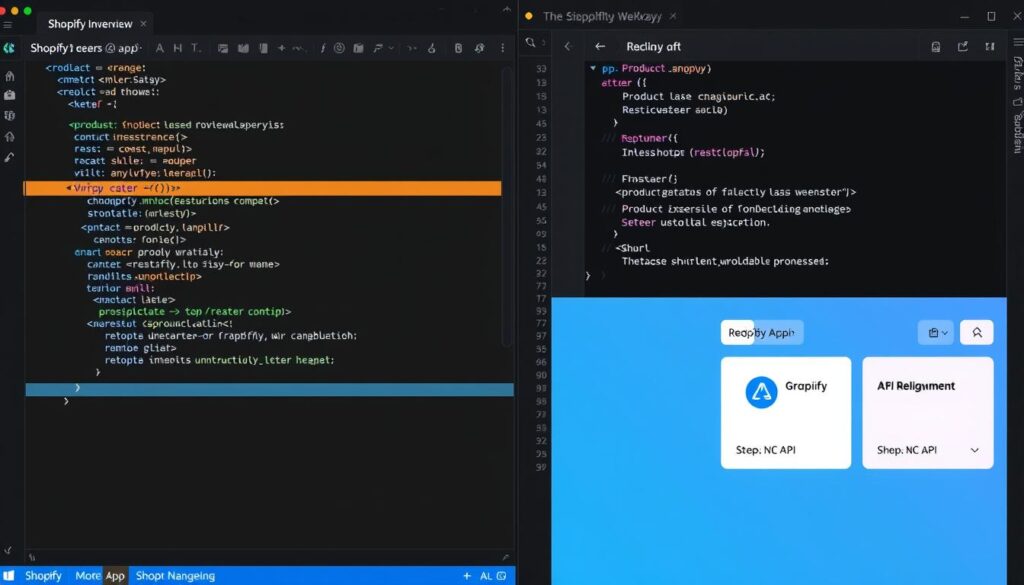 Shopify app development workflow showing code and app interface Shopify app development workflow showing code and app interface