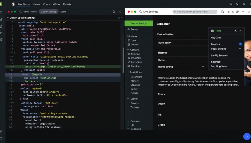Shopify theme customization interface showing code editor with Liquid syntax and theme preview Shopify theme customization interface showing code editor with Liquid syntax and theme preview