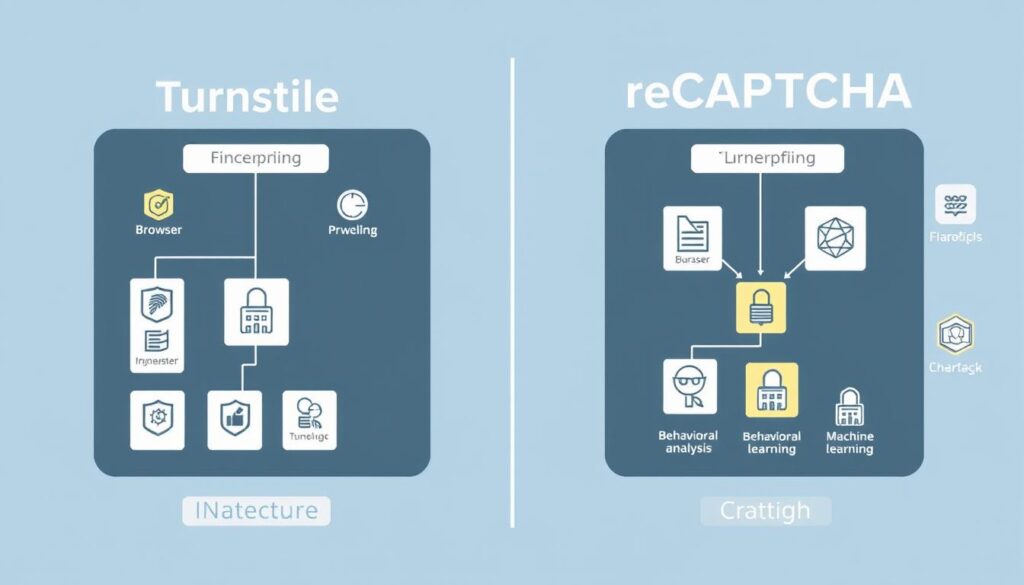 Technical diagram comparing the security architecture of Turnstile vs Google reCAPTCHA