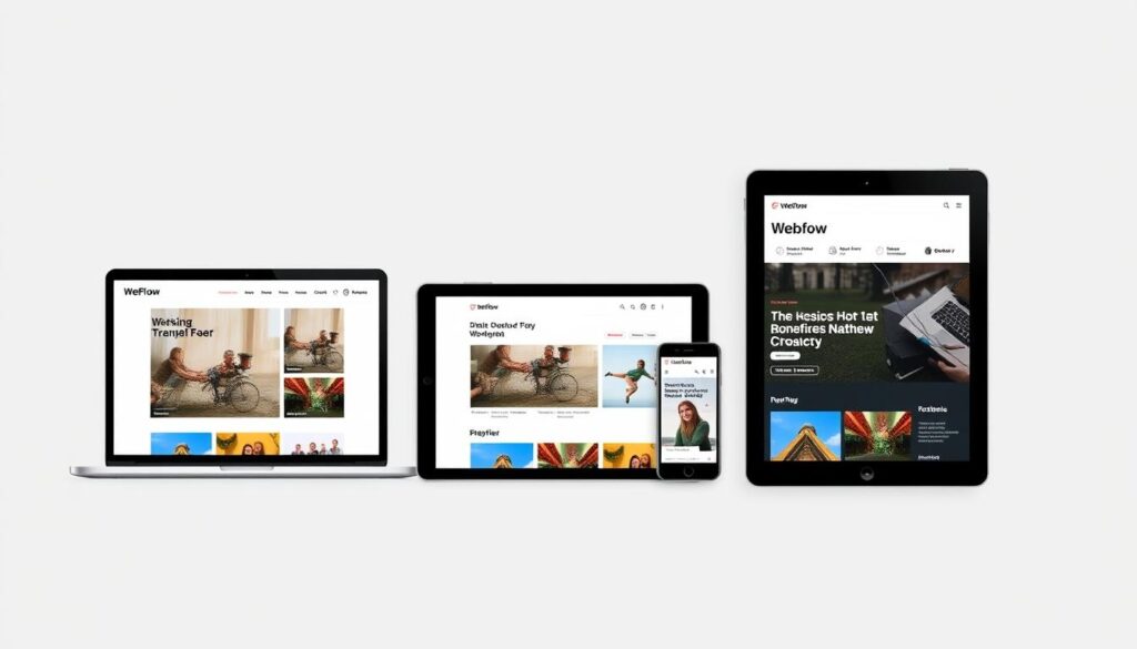 Webflow responsive design tools showing multiple device previews Webflow responsive design tools showing multiple device previews
