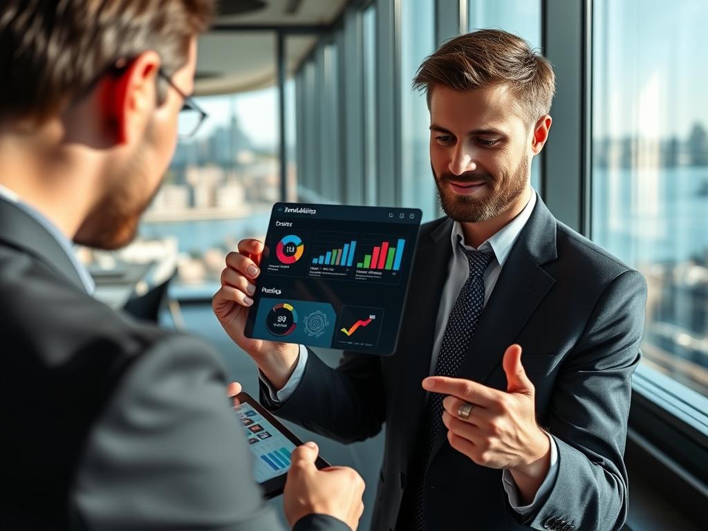 Business professional using AI branding tools on a tablet in a Sydney office