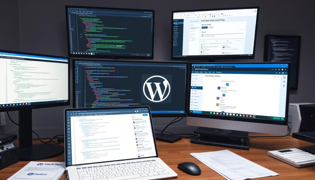 Developer preparing for WordPress new roadmap 2025 with code and planning documents Developer preparing for WordPress new roadmap 2025 with code and planning documents