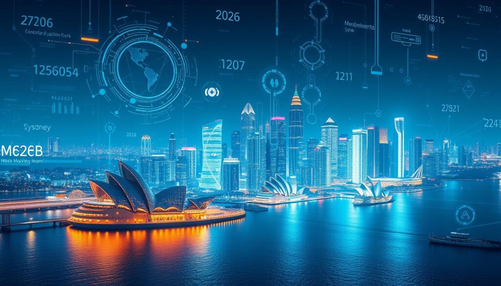 Futuristic visualization of web development in Sydney showing AI, AR and VR integration