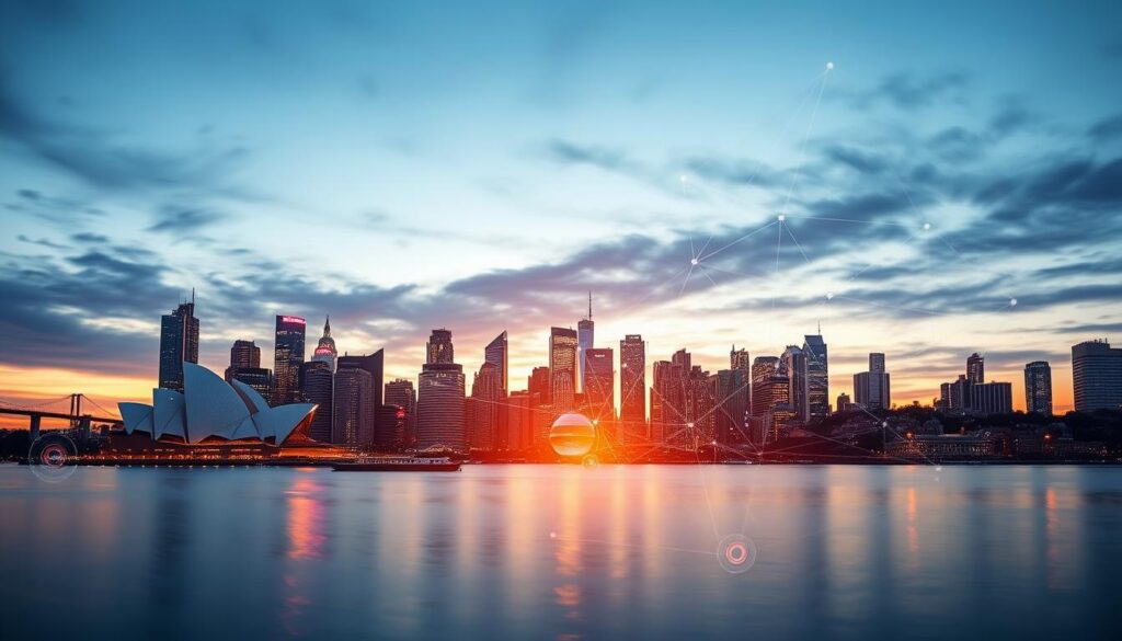 Sydney skyline with digital overlay representing the future of web development in the city