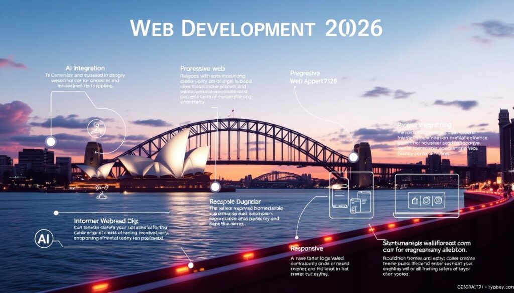 Visual representation of web development trends in Sydney showing AI, PWAs, and responsive design