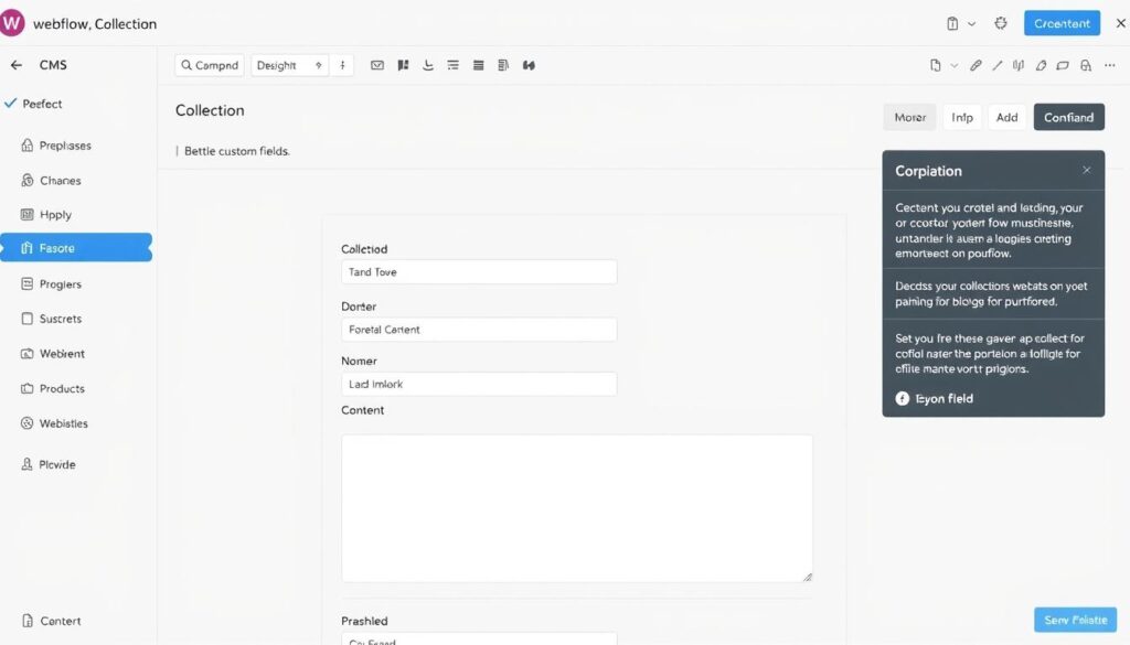 Webflow CMS collections setup showing field configuration