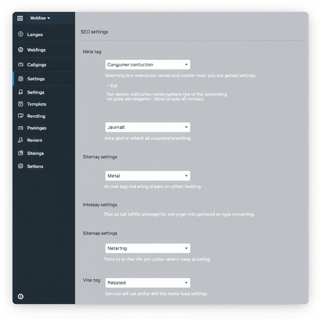 Webflow SEO settings panel showing meta tags and optimization options Webflow SEO settings panel showing meta tags and optimization options