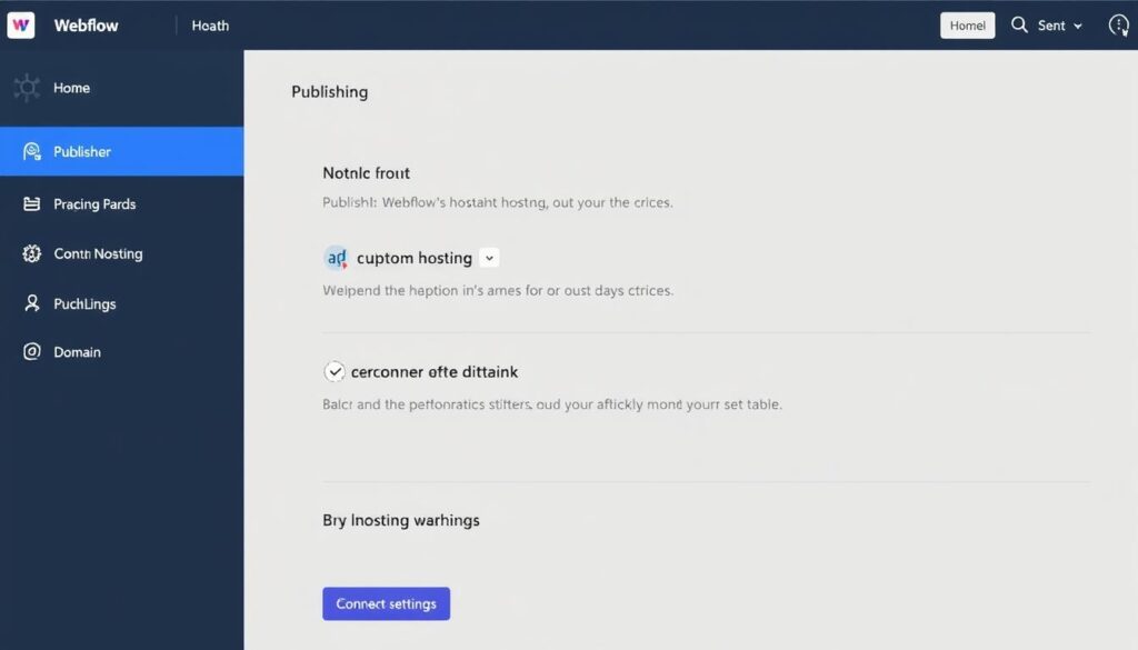 Webflow publishing panel showing hosting options and domain settings