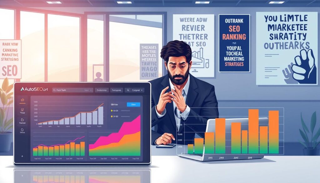 A detailed and informative digital illustration depicting SEO performance metrics comparing ranking improvements and traffic growth between two platforms, AutoSEO and OutRank. In the foreground, display a sleek dashboard interface showing vibrant graphs and charts with upward trends in distinct colors for each tool, labeled subtly without text. In the middle ground, feature a professional business analyst, dressed in smart business attire, analyzing the data on a laptop with focused expression and hand gestures reflecting insight. The background should include a modern office space with soft lighting, large windows letting in natural light, and motivational posters about digital marketing strategies. The overall mood should be analytical yet inspiring, underscoring the competitive nature of the SEO tools.
